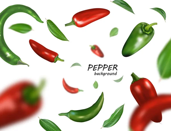 Many red and green chili peppers free falling on white background. Realistic vector, 3d illustration — Stock Vector