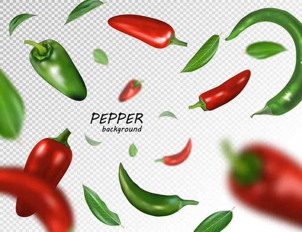 Sok piros és zöld chili paprika szabad esik az átlátszó háttér. Realisztikus vektor, 3d illusztráció — Stock Vector