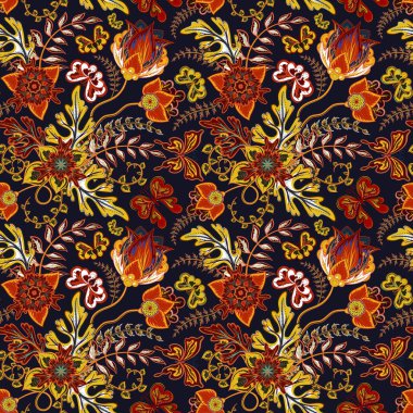 Fantezi çiçekli kusursuz desen, doğal duvar kağıdı, çiçek desenli kıvrım çizimi. Paisley el çizimi elementler. Ev dekoru. Koyu mavi üzerine parlak turuncu