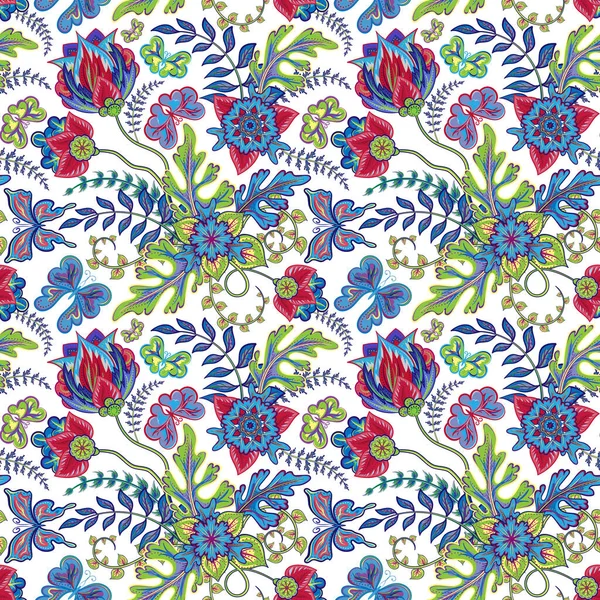 レトロでヴィンテージスタイルの装飾花とシームレスなパターン ジャコバン刺繍 カラーベクトルイラストで青赤緑の背景白 — ストックベクタ