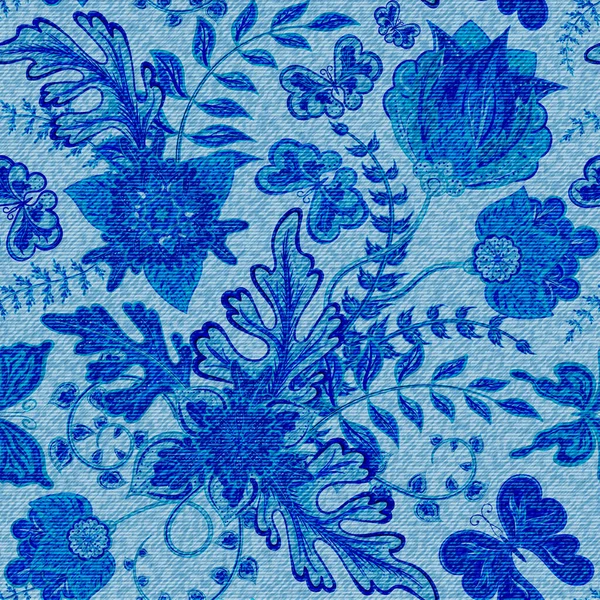 Vector Seamless Blue Denim Textures Fantasy Flower Pattern Background —  Vetores de Stock