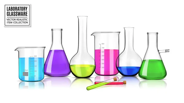 Realistic Vector Laboratory Glassware Liquids Different Colors Reflections Table Illustration Stock Illustration