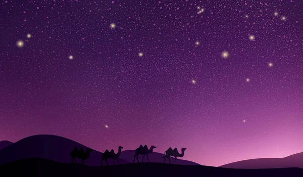 Woestijnlandschap Met Een Karavaan Kamelen Violette Magenta Nacht Sterrenhemel Boven Rechtenvrije Stockvectors