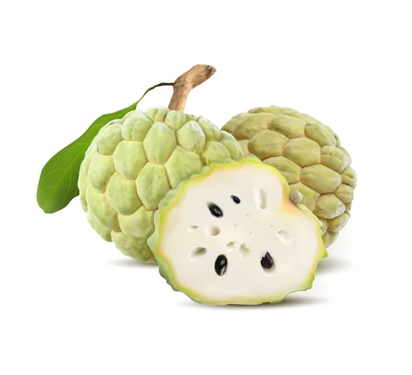 Cherimoya Set Isolated White Background Sugar Apple Custard Apple Half — Stockvektor