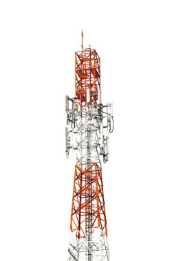 Telekomünikasyon antenleri, telekomünikasyon kulesi veya telefon direği şehirlerarası, mobil ağ veya 4g 5g telekomünikasyon, beyaz arka planda izole edilmiş.