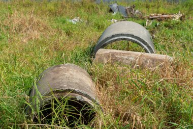 Sonbahar çimlerinde uzanan eski beton borular.