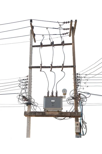 Elektrisk Stolpe Och Transformator Isolat Vit Bakgrund — Stockfoto