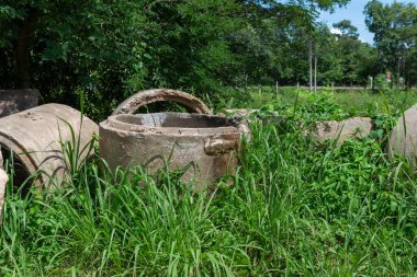 Sonbahar çimlerinde uzanan eski beton borular.