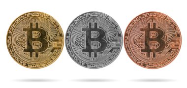 Kripto para birimi Bitcoin, Altın, gümüş, bakır bitcoin beyaz arkaplanda izole.