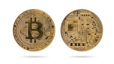 Kripto para birimi Bitcoin, beyaz arkaplanda izole edilmiş altın bitcoin.
