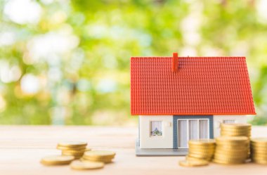 Savings for housing/ insurance and loans concept. House and pile of gold coins against a natural bokeh background.