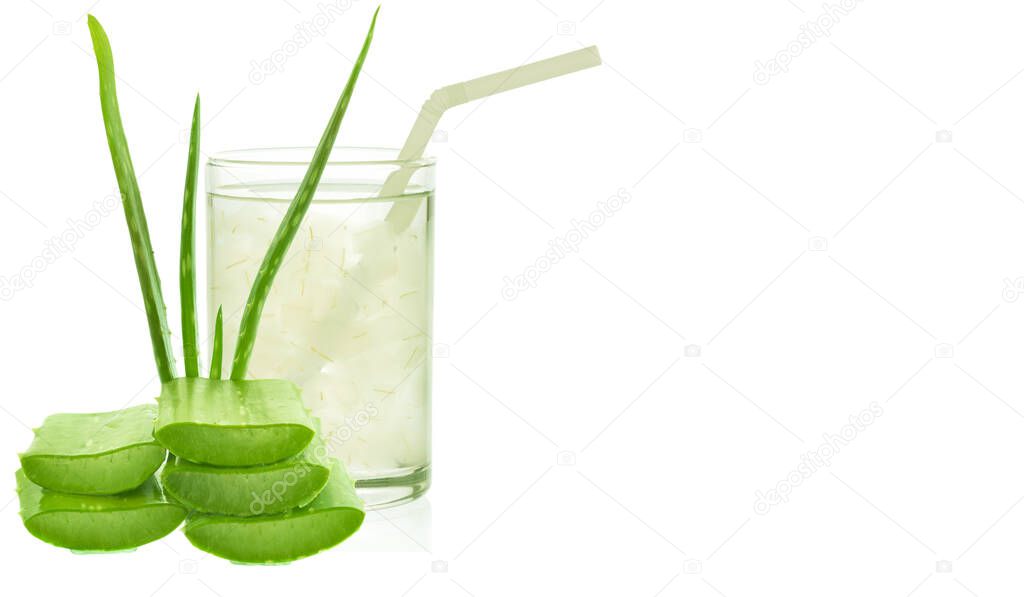 Slice aloe vera and aloe vera juice in glass isolated on white background with space for text and logo. Can help neutralize free radicals Contributes to aging. And help strengthen the immune system as well.