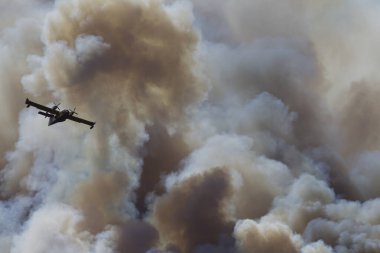 Bir Canadair CL-215 itfaiye uçağı orman yangınının bulutlarında