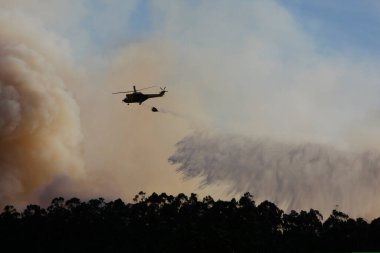 İtfaiye helikopterinin silueti arka plandaki orman yangınının tepesine su bırakıyor.