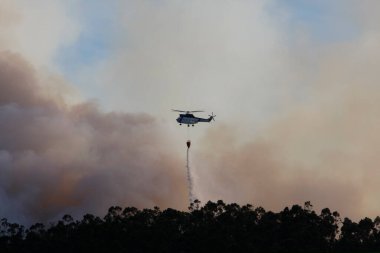 Bir helikopter orman yangınından çıkan duman bulutlarının arasında su boşaltarak uçar.