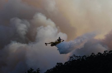 Bir Canadair CL-215 itfaiye uçağı orman yangınının bulutlarında
