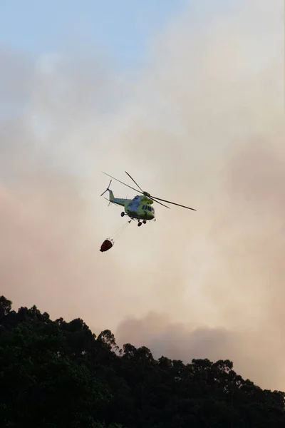 Bir helikopter orman yangınından çıkan duman bulutlarının arasında su boşaltarak uçar.