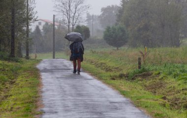 A pilgrim with an umbrella in the rain on the Portuguese Camino de Santiago in A Escravitude clipart