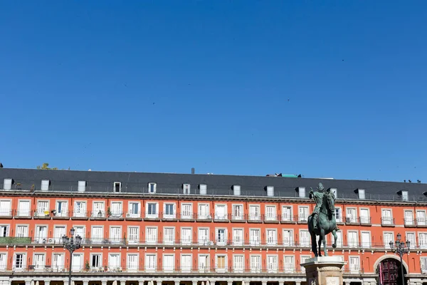 Plaza Mayor Madrid Statue Philip Iii Clear Blue Sky Main — Foto de Stock