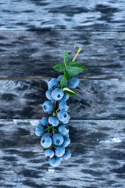 Ripe Sprig Blueberry Berries Wooden Boards Background — стоковое фото