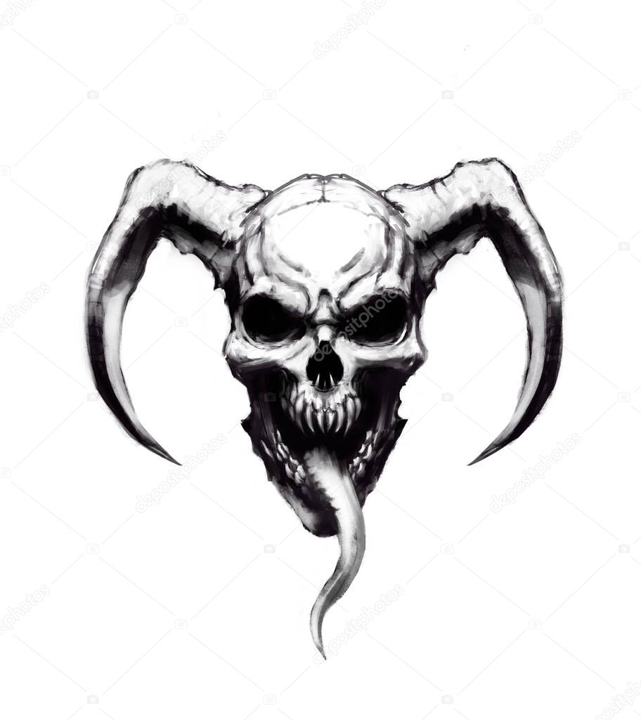 Evil white demonic skull with tongue and horns