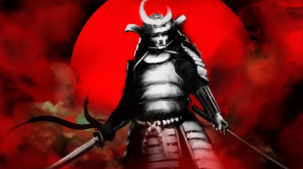Samurai Armadura Fica Noite Com Katanas Suas Mãos Nevoeiro Está — Fotografia de Stock