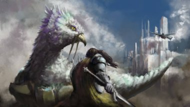 A knight with a sword and a shield is watching a dragon flying to the castle in the clouds, next to him is a riding griffin clipart