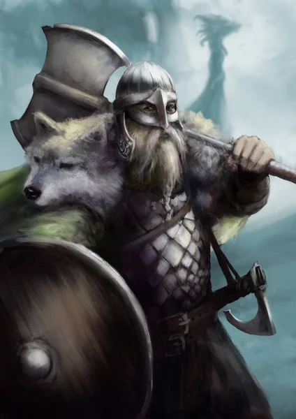 海岸には鎧と狼の皮でバイキングとの戦いがあり 斧と盾があり 彼の後ろにはドラッカーがあり 船の弓はドラゴンの形で作られています — ストック写真