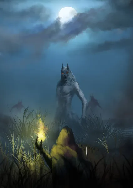 Hunter Evil Spirits Uses Fire Magic Moonlit Night Holds Sword — Stock Photo, Image
