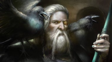 Büyük İskandinav tanrısı Odin 'in tek gözü yok, altın bir süs gözlerini kapatıyor, kargaları omuzlarında oturuyor, elinde bir mızrak tutuyor..