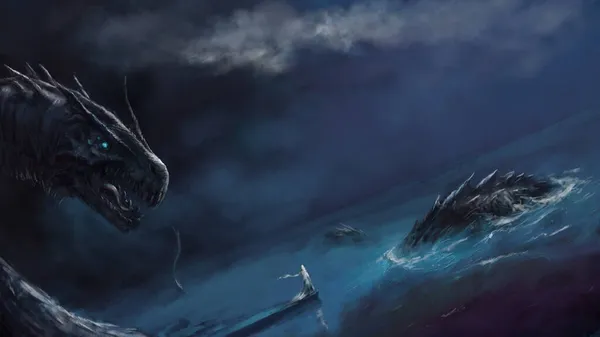 Огромный Змееподобный Морской Дракон Собирается Напасть Девушку Белом Плаще Краю — стоковое фото