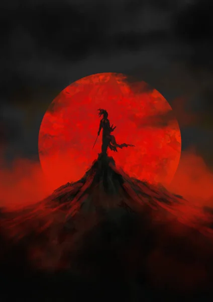 赤い月を背景に一人の忍者が山の上に立つ — ストック写真