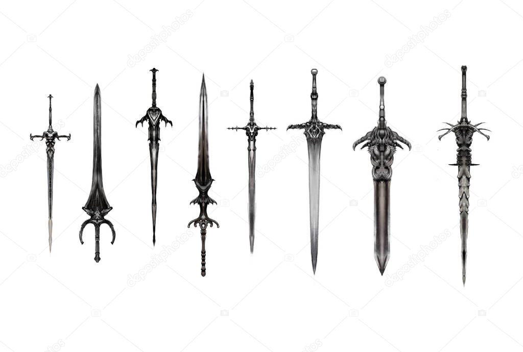 Concept of medieval swords on a white background. Digital drawing