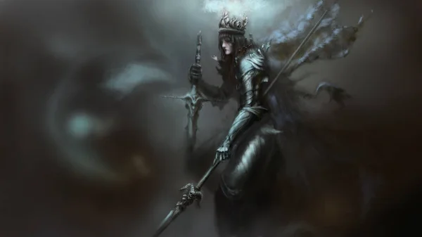Long black hair warrior princess holding sword and spear with crown on her head, digital art style, illustration painting