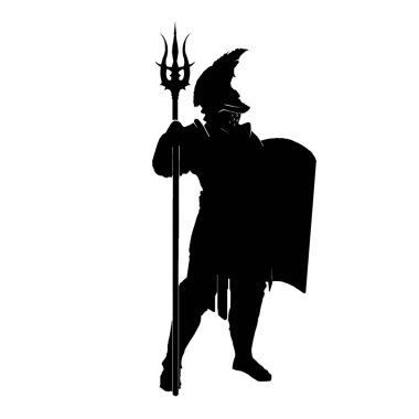 Miğferli bir gladyatörün siyah silueti. Kocaman bir mızrağı ve kalkanı var. 2B illüstrasyon, grafik tasarımı