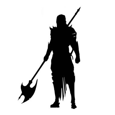 Sırtında kısa bir kılıç ve halberd olan miğferli bir savaşçının silueti. Dijital sanat tarzında 2B siluet çizimi