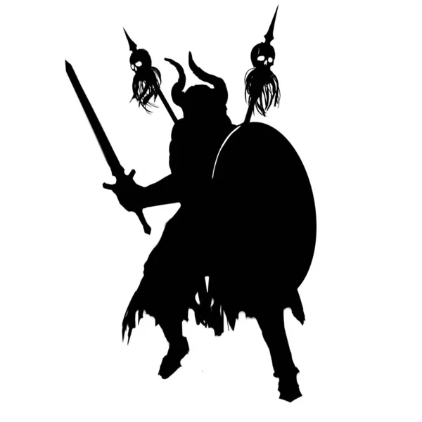 一个戴着带着剑和盾牌的带角头盔的野蛮人的黑色轮廓 在他身后有两个头盖骨的黑桃 2D图解 平面设计 — 图库照片