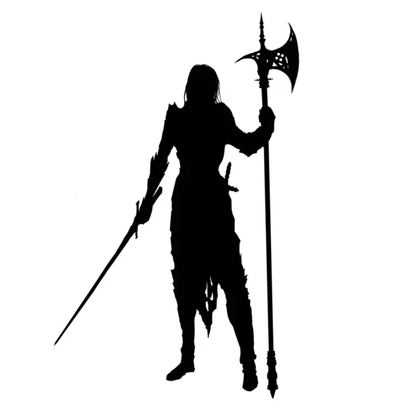 Silhouette Beautiful Slender Female Assassin Leaning Long Halberd Slender Sword — Stock Photo, Image