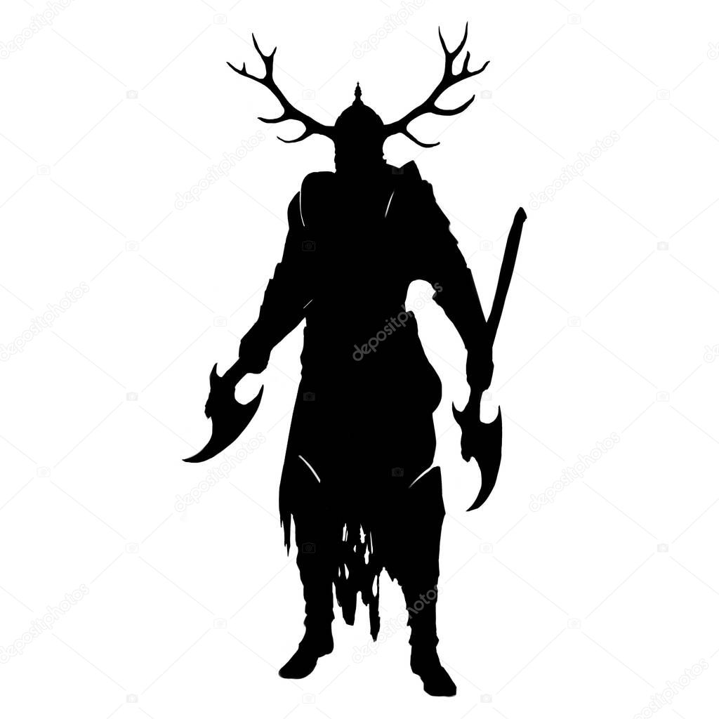 Silhouette of a barbarian warrior in a horned helmet, with two-handed axes. 2D silhouette drawing illustration in digital art style