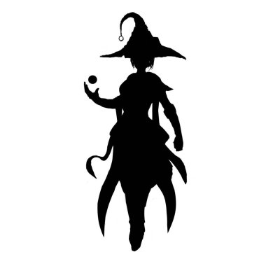 Büyük şapkalı genç bir cadının silueti, uçuyor, elinde sihirli bir küre var. 2d illüstrasyon