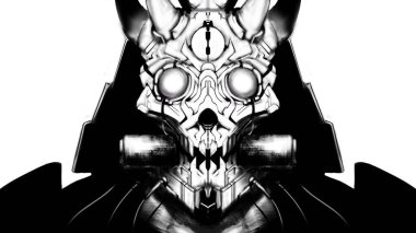 Korkunç bir siber samuray, yüksek teknoloji onili bir maske takıyor, siyah bir miğfer takıyor, dişlerinde bir parşömen var, gözleri karanlıkta parlıyor. 2B illüstrasyon