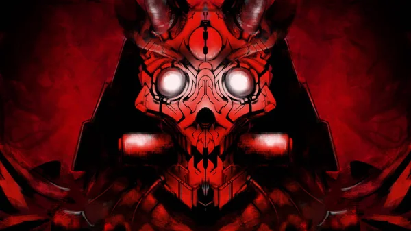 ハイテクの鬼面 黒いヘルメット 歯のスクロール 赤い煙の中で彼の目に輝きを身に着けている恐ろしいサイバー武士 2Dイラスト — ストック写真