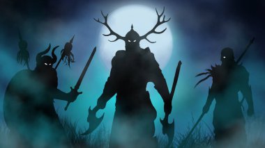 Geceleri ay altında çimenli bir tarlada uğursuz Vikingler. dijital sanat tarzı, illüstrasyon resmi