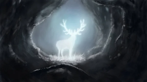 Silhouette Shining Snow White Deer Dark Dense Forest Digital Art — 图库照片