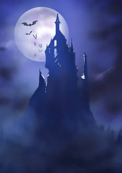 The silhouette of the castle at night against the background of the moon, bats fly out of it, lights are on in the windows. digital art style, illustration painting