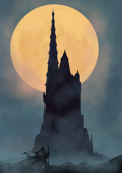 月を背景に夜に槍の高い城のシルエット マントを着た旅人 そして彼の手のスタッフがそれにやって来ます デジタルアートスタイルイラスト絵画 — ストック写真