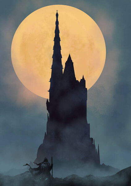 Silhouette of a castle with high spiers at night against the background of the moon, a traveler in a cloak and with a staff in his hand comes to it. digital art style, illustration painting