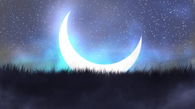 Gece manzarası, çimlerin arasındaki yıldızlı bir gecede hilal şeklini resmediyor. dijital sanat tarzı, 2B illüstrasyon