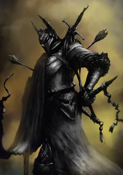 Formidable Death Knight Holding Swords His Hands Dressed Terrible Armor — Fotografia de Stock