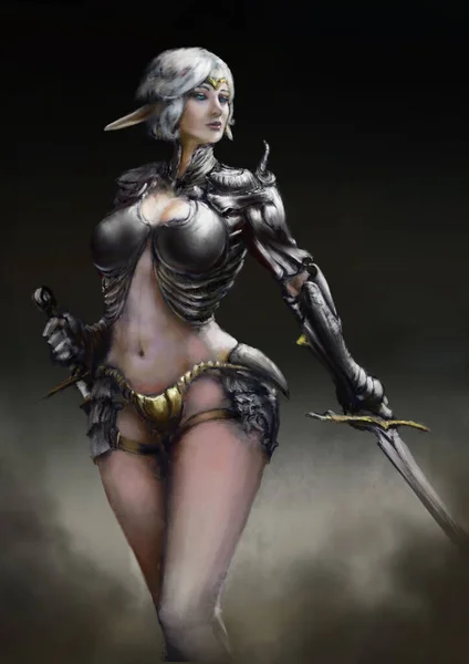 A beautiful elf robber with blond hair, blue eyes and long ears is dressed in light armor, she holds a sword and dagger in her hands. digital art style, 2D illustration